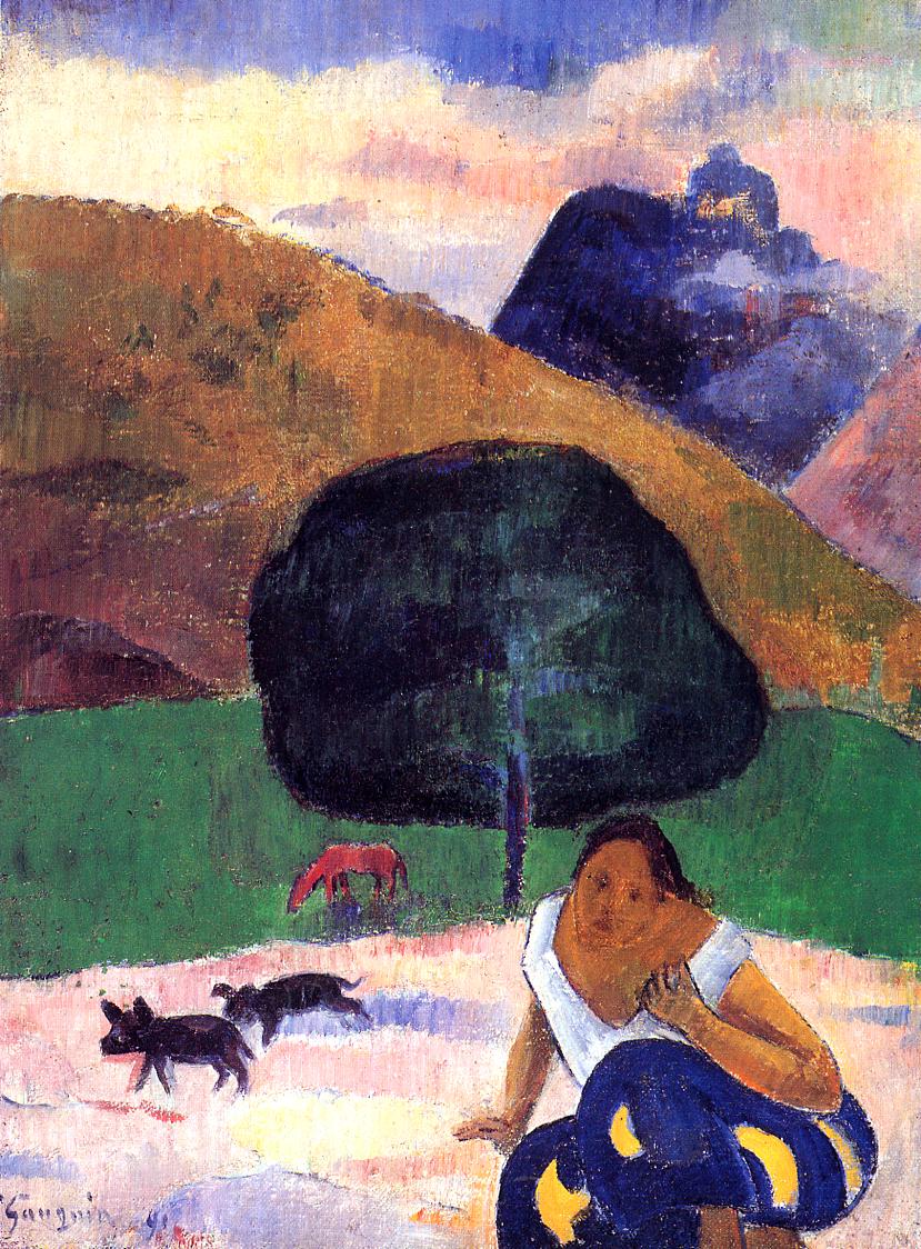 Landscape with Black Pigs and a Crouching Tahitian - Paul Gauguin Painting